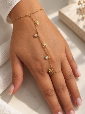 Fundéa Jewelry Kadın Gold 316L Çelik Zirkon Taşlı Göz Figürlü Şahmeran El Zinciri