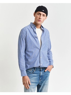 Gant Erkek Mavi Regular Fit Düğmeli Yaka Çizgili Poplin Gömlek