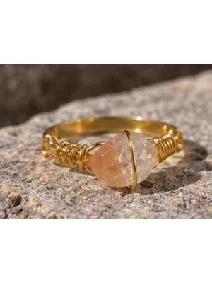 Xuping Pembe Doğal Taşlı Gold Renk Ayarlanabilir Kadın Yüzük – Bohem Tel Sarım Tasarım