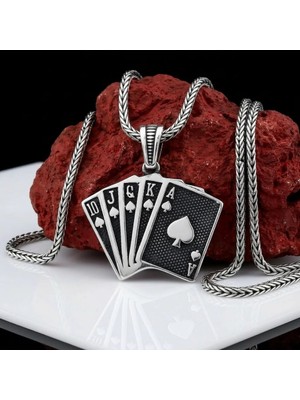 Takılingo 925 Ayar Gümüş Royal Flush Iskambil Şans Oyun Erkek Kolye