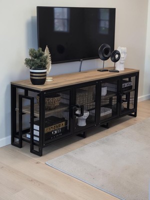 Bye Concept & More Dekoratif Metal Gövdeli Ahşap Raflı Tv Ünitesi 3 Raflı 4 Kapaklı Tv Sehpası 150 x 36 cm Televizyon Ünitesi