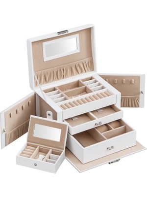 Happy Trend Schmuckkasten, Schmuckkästchen Mit 2 Schubladen, Abschließbarer Schmuck-Organizer Mit Spiegel, Herausnehmbare Reise-Box, Für Ringe, Armbänder, Ohrringe, Samtfutter