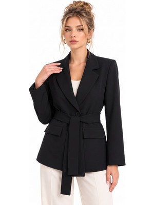 Saade Siyah Kadın Tek Düğmeli Dokuma Kruvaze Blazer Ceket - Kuşaklı