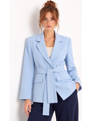 Saade Bebe Mavi Kadın Tek Düğmeli Dokuma Kruvaze Blazer Ceket - Kuşaklı