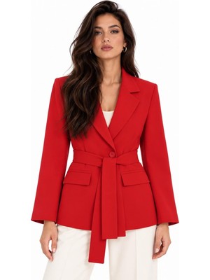 Saade Kırmızı Kadın Tek Düğmeli Dokuma Kruvaze Blazer Ceket - Kuşaklı