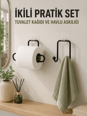 Str Store Duvara Yapışkanlı 2’li Düzenleme Seti Havlu Askısı ve Tuvalet Kağıdı Tutucu