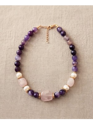 Fem Bijoux Doğal Ametist ve Pembe Kuvars Taşlı Gold Detaylı Şık Kadın Kolye