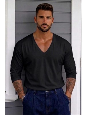 %100 Pamuklu Oversize Derin V Yaka Uzun Kol T-Shırt (9006)