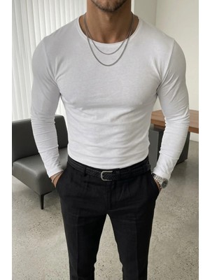 %100 Pamuklu Slim Fit Pis Yaka Uzun Kol T-Shırt (4039)