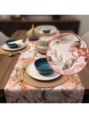 Str Store Jakarlı Dokuma Dekoratif Runner 45X140 cm | Kiremit Renkli Çiçekli Desenli
