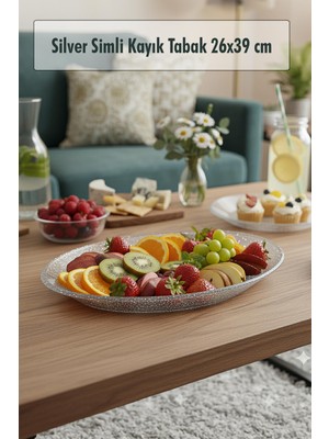 Bezos Silver Simli Büyük Kayık Tabak Sunum & Servis Tabağı - 26,5 x 39,5 cm