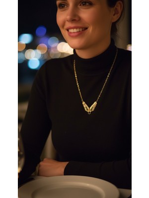 Fundéa Jewelry Kadın Gold 316L Çelik Zirkon Taşlı Zümrüt Yeşili Taş Detaylı Geometrik Trend Kombin Takı Aksesuar Kolye 50 cm