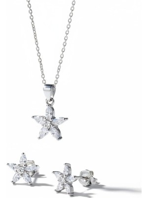 Lunel Silver 925 Ayar Gümüş Zirkon Taşlı Yıldız Çiçeği Tasarım Stud (Çivi) Küpe & Kolye Ikili Takı Seti