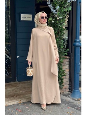 Kayra Şal Yaka Krep Elbise KA-B26-25004 Bej
