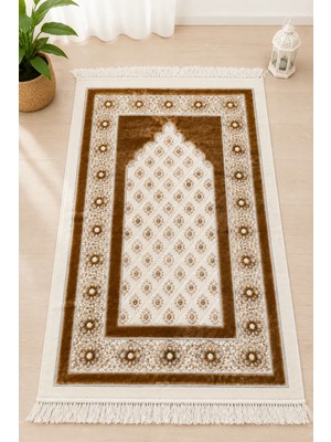 Pamuk Life Pamuklife Ultra Lüks Kadife Dokuma Seccade Yumuşak Dokulu Saçaklı Mihrimah Desenli Namaz Seccadesi Vizon