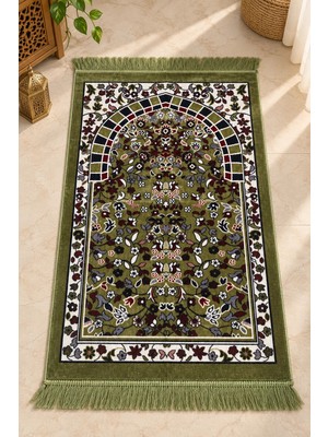 Pamuk Life Pamuklife Lüks Kadife Dokuma Seccade Yumuşak Dokulu Saçaklı Ravza Desenli Namaz Seccadesi Yeşil