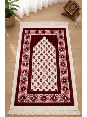 Pamuk Life Pamuklife Ultra Lüks Kadife Dokuma Seccade Yumuşak Dokulu Saçaklı Mihrimah Desenli Namaz Seccadesi Bordo