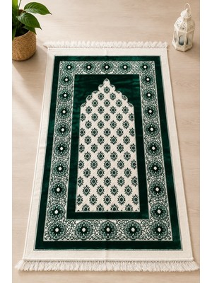 Pamuk Life Pamuklife Ultra Lüks Kadife Dokuma Seccade Yumuşak Dokulu Saçaklı Mihrimah Desenli Namaz Seccadesi Yeşil