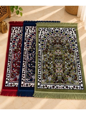Pamuk Life Pamuklife Lüks Kadife Dokuma Seccade 3’lü Paket Yumuşak Dokulu Saçaklı Ravza Desenli Namaz Seccadesi Yeşil Bordo Lacivert