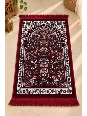 Pamuk Life Pamuklife Lüks Kadife Dokuma Seccade Yumuşak Dokulu Saçaklı Ravza Desenli Namaz Seccadesi Bordo