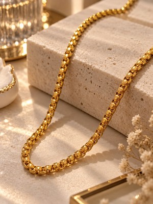 Fundéa Jewelry Unisex Gold Çelik 22 Ayar Altın Rengi 55 cm Zincir Kolye Trend Kombin Takı Aksesuar Hediyelik
