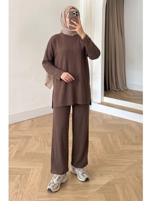 Modestim Kadın Tesettür Ikili Takım Pike Modal Yumuşak Dokulu Salaş Tunik Pantolon Kahve Mevsimlik Takım