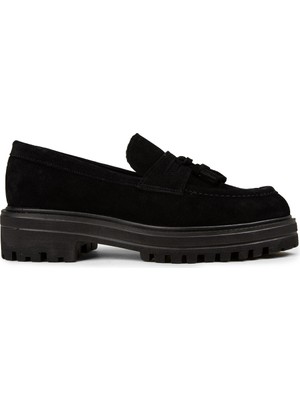 Deery Kadın Hakiki Süet Siyah Püsküllü Loafer - 02020ZSYHE01