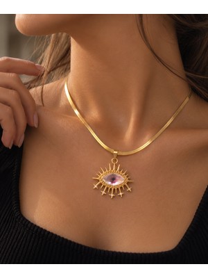 Fundéa Jewelry Kadın Gold Çelik Kristal ve Zirkon Taşlı Göz Figürlü Çıkarılabilir Uçlu 45 cm Trend Kombin Takı Aksesuar Kolye