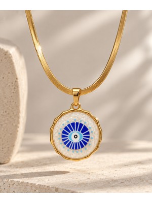 Fundéa Jewelry Kadın Gold Çelik Nazar Göz Figürlü Sedef Görünümlü 45 cm Trend Kombin Takı Aksesuar Kolye