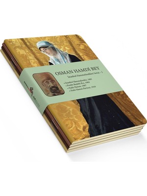 Istanbul Hanımefendileri Serisi I - A6, Osman Hamdi Bey 4'lü Defter Seti I, Çizgisiz, Toplam 192 Sayfa, Her Biri 48 Sayfa, Tel Dikiş, Esnek Kapak, Oval Kenar, Tuval Doku, 60 Gram, Sarı Krem Renk
