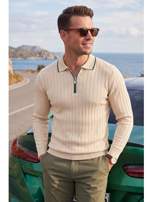 Deepsea Erkek Slim Fit Tüylenmeyen Çizgi Dokulu Bej Triko Kazak – Fermuarlı Polo Yaka 2700401