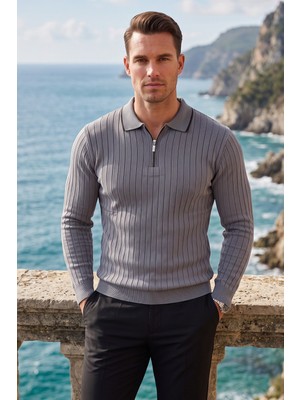 Deepsea Erkek Slim Fit Tüylenmeyen Çizgi Dokulu Füme Triko Kazak – Fermuarlı Polo Yaka 2700401