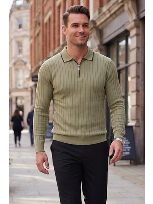 Deepsea Erkek Slim Fit Tüylenmeyen Çizgi Dokulu Haki Triko Kazak – Fermuarlı Polo Yaka 2700401
