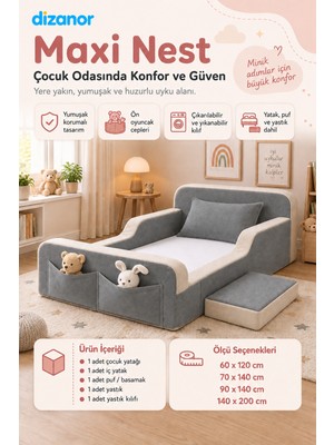Dizanor Maxi Nest Düz Kumaş Montessori Yatak Seti - 60 x 120 - Gri - Bej
