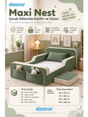 Dizanor Maxi Nest Düz Kumaş Montessori Yatak Seti - 60 x 120 - Yeşil - Bej