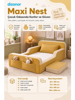 Dizanor Maxi Nest Düz Kumaş Montessori Yatak Seti - 60 x 120 - Sarı - Bej