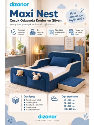 Dizanor Maxi Nest Düz Kumaş Montessori Yatak Seti - 60 x 120 - Lacivert - Bej