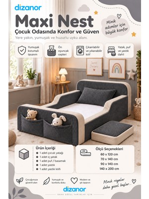 Dizanor Maxi Nest Düz Kumaş Montessori Yatak Seti - 70 x 140 - Siyah