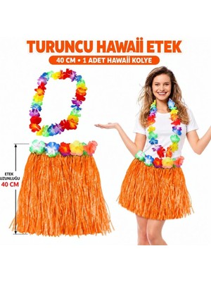 Aslanoğlu Store Mey Ithalat® Hawaii Luau Aloha Turuncu Püsküllü 40 cm Etek ve Hawaii Kolye Seti