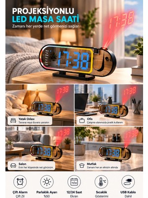 Belirtilmemiş LED Dijital Masa Saati Şık Tasarım Alarm Özelliği Parlaklık Ayarı Sıcaklık ve 12 24 Saat Gösterimi