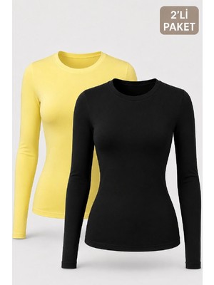 Cockatoo Kadın Siyah Sarı Kaşkorse Yuvarlak Yaka Uzun Kollu Slim Fit 2’li Tişört (48031)