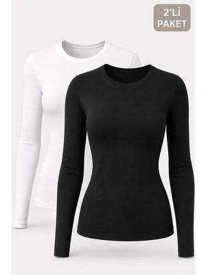 Cockatoo Kadın Beyaz Siyah Kaşkorse Yuvarlak Yaka Uzun Kollu Slim Fit 2’li Tişört (48031)