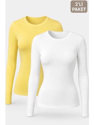 Cockatoo Kadın Sarı Beyaz Kaşkorse Yuvarlak Yaka Uzun Kollu Slim Fit 2’li Tişört (48031)