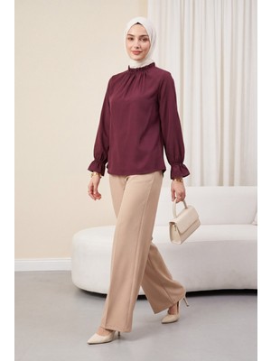 Moda Morfo Yakası Büzgülü Bluz      -Mürdüm