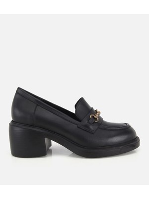Hotiç 01AYH328950A100 KADIN Deri Siyah Tokalı Klasik Topuklu Loafer