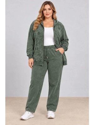 Cedy Denim Cedy Denım Kadın  Nakış Detaylı Fermuarlı Kapüşonlu Sweatshirt ve Bol Paça Eşofman Alt Üst Takım C9130