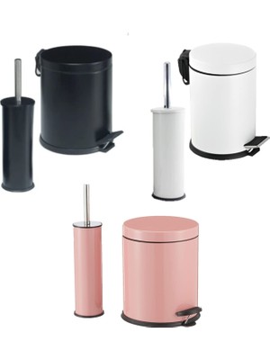 Happy Trend 2'li Banyo Seti Çöp Kovası Tuvalet Fırçası Siyah Beyaz Pembe (Siyah)