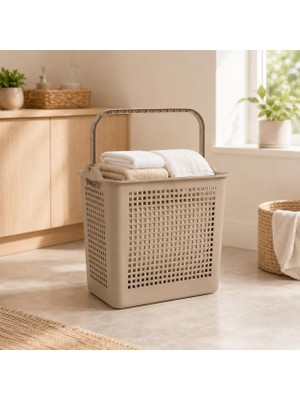 Happy Trend Litre Çamaşır Sepeti, Taşıma Kulplu Delikli Plastik Kirli Sepeti, Banyo Çamaşır Odası Yatak Odası ve Dolap Düzeni Için Pratik Organizer (Bej)
