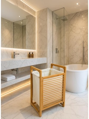 Happy Trend Modern Bambu Çamaşır Kirli Sepeti Geniş Hacim 61X40 X35 cm