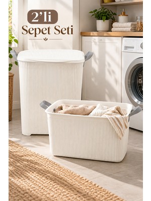 Porsima 2'li Kirli Çamaşır Sepeti ve Çamaşır Selesi Seti - 40 Lt Kapaklı Çamaşır Sepeti ve Taşıma Sele Sepet (Beyaz)
